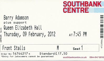 Barry Adamson live at Queen Elizabeth Hall, 9 February 2012 - my ticket